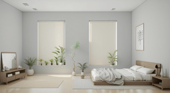 Minimalist bedroom with cream roller shades on two windows