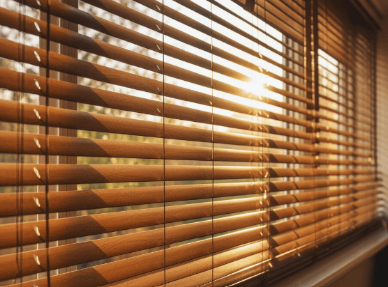 Close-up of warm wood blinds with sunlight streaming through